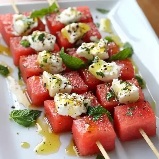 Brochetas de Sandía, Queso de Cabra y Menta en Reducción de Miel: El Aperitivo de Verano Perfecto 3 Brochetas de Sandía, Queso de Cabra y Menta en Reducción de Miel