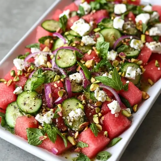 Ensalada de Sandía, Pepino y Feta con Vinagreta de Albahaca : ¡Frescura Veraniega al Máximo! 1 Ensalada de Sandía, Pepino y Feta con Vinagreta de Albahaca