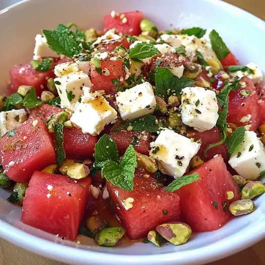 Ensalada de Sandía, Feta y Pistachos con Vinagreta de Miel: El Sabor del Verano en Cada Bocado