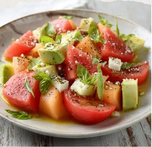 Ensalada de Tomate Rosa, Melón y Aguacate con Pétalos de Albahaca 3 Ensalada de Tomate Rosa, Melón y Aguacate con Pétalos de Albahaca