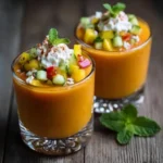 Vasitos de Gazpacho Tropical con Espuma de Queso de Cabra: Un Aperitivo Exótico y Sofisticado 4 Vasitos de Gazpacho Tropical con Espuma de Queso de Cabra: Un Aperitivo Exótico y Sofisticado