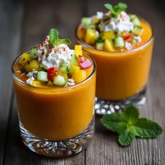 Vasitos de Gazpacho Tropical con Espuma de Queso de Cabra: Un Aperitivo Exótico y Sofisticado