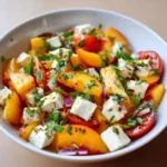 Ensalada de Melocotón, Tomate y Queso Fresco: La Celebración de los Sabores del Verano 4 Ensalada de Melocotón, Tomate y Queso Fresco 🍑🍅🧀 Esta ensalada es una celebración de los sabores del verano, combinando la dulzura jugosa del melocotón con la frescura ácida del tomate y la suavidad cremosa del queso fresco. Es una opción ligera, refrescante y llena de color, perfecta como entrante, guarnición o una comida rápida en días cálidos. Ingredientes 2 melocotones maduros, pero firmes 2 tomates medianos (tipo rama o pera) 200 g de queso fresco (tipo Burgos, mozzarella fresca o similar), cortado en cubos 1/4 de cebolla morada, finamente picada (opcional, para un toque de contraste) Unas hojas de albahaca fresca o menta para decorar 2 cucharadas de aceite de oliva virgen extra 1 cucharada de vinagre balsámico blanco o vinagre de manzana Sal marina al gusto Pimienta negra recién molida al gusto Preparación Corta los melocotones por la mitad, retira el hueso y luego córtalos en gajos o cubos. Si prefieres, puedes pelarlos, aunque la piel aporta color y fibra. Lava los tomates y córtalos en gajos o cubos de tamaño similar al melocotón. Corta el queso fresco en cubos. Si usas cebolla morada, pícala finamente. En un bol grande, combina el melocotón, el tomate, el queso fresco y la cebolla morada (si la usas). En un recipiente pequeño, bate el aceite de oliva virgen extra con el vinagre balsámico blanco o de manzana. Vierte este aderezo sobre la ensalada. Sazona con sal marina y pimienta negra recién molida al gusto. Mezcla suavemente todos los ingredientes para que se impregnen bien del aderezo. Sirve la ensalada inmediatamente. Puedes decorarla con unas hojas frescas de albahaca o menta para un toque aromático y visual. Tiempo de preparación 15 minutos Porciones 4 porciones Conteo de calorías por porción Ensalada de Melocotón, Tomate y Queso Fresco