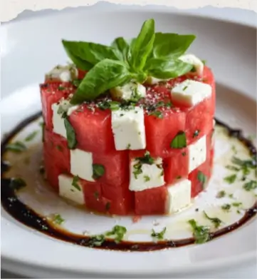 Timbal de Sandía, Queso Fresco y Albahaca