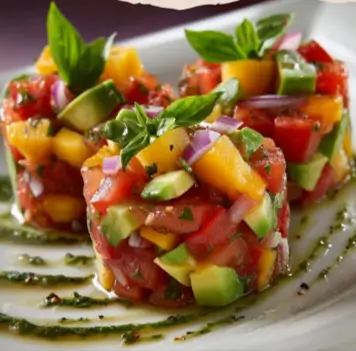 Tartar de Tomate, Melocotón y Aguacate con Vinagreta de Albahaca: Un Estallido de Sabor Veraniego 3 Tartar de Tomate, Melocotón y Aguacate con Vinagreta de Albahaca