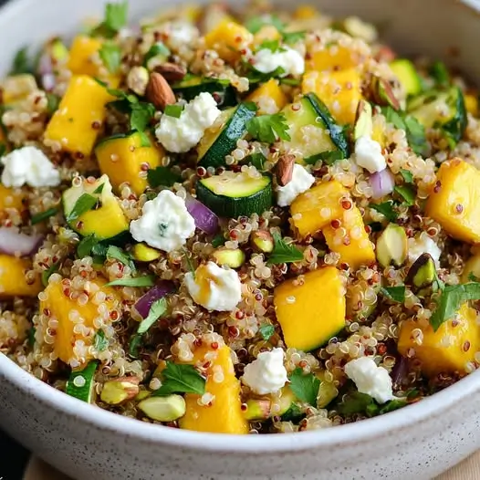 Ensalada de Quinoa, Calabacín Asado, Mango, Queso de Cabra y Pistachos: Una Explosión de Frescura y Sabor