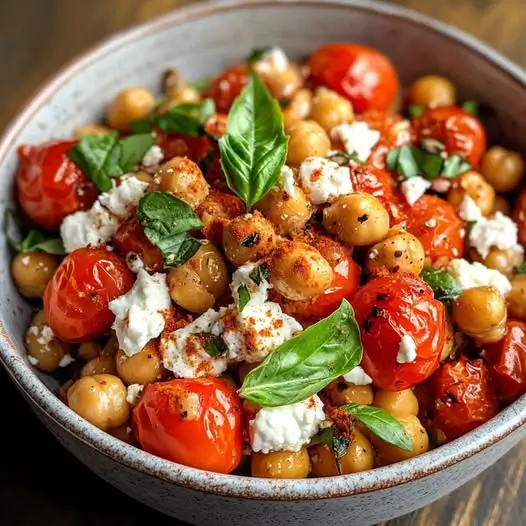 Tomates Cherry Asados con Ajo, Feta Cremoso y Garbanzos Crujientes: Explosión de Sabor Mediterráneo