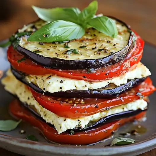 Milhojas de Berenjena y Queso de Cabra con Tomate Asado y Albahaca: Un Clásico Mediterráneo Ligero