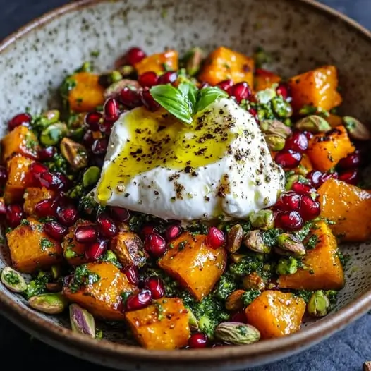 Ensalada de Calabaza Asada con Burrata, Granada y Pistachos con Aceite de Albahaca: Una Explosión de Sabor y Color
