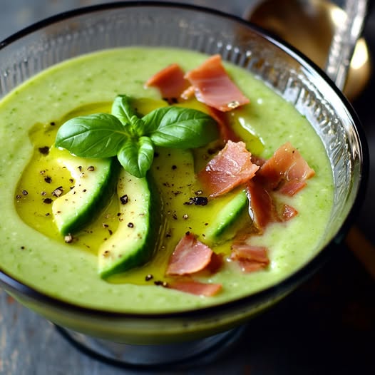 Gazpacho de Aguacate y Pepino con Crujiente de Jamón: Frescura Mediterránea con un Toque Crujiente