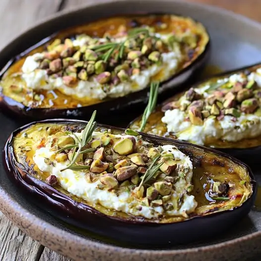 Berenjenas Asadas con Queso de Cabra, Pistachos y Miel de Romero: Un Placer Mediterráneo