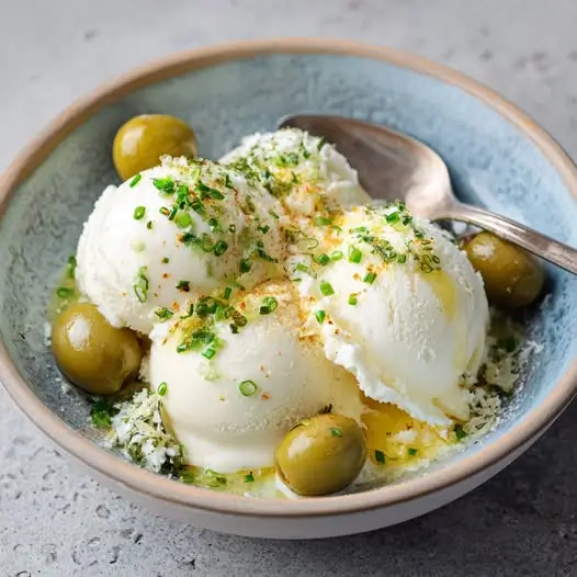 Helado Salado de Aceituna con Espuma de Queso Manchego: Un Bocado de Alta Cocina en Casa