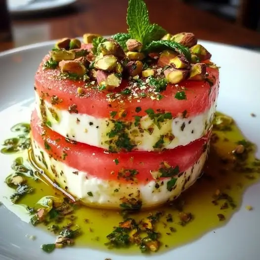 Ensalada de Sandía, Queso de Cabra y Vinagreta de Menta y Pistacho: Tu Frescura de Verano en un Bocado