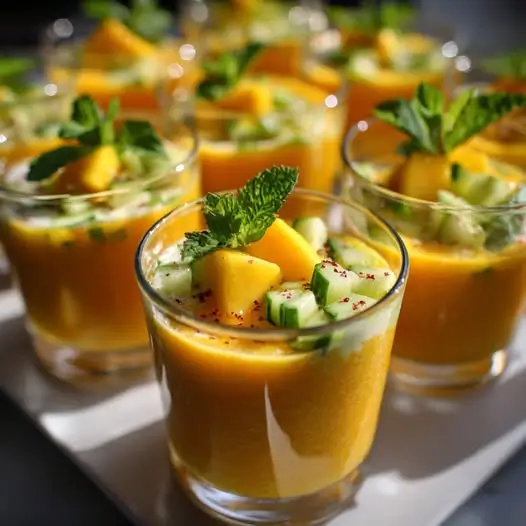 Vasitos de Gazpacho de Mango, Pepino y Yogur Griego con Menta: ¡Frescura Tropical en Cada Sorbo!