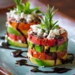 Timbal de Tomate Rosa, Aguacate y Queso Fresco con Reducción de Balsámico y Romero