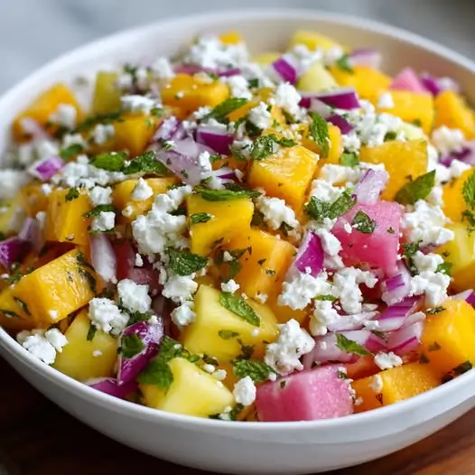Ensalada de Mango, Melón y Queso Feta con Vinagreta de Menta y Lima: El Sabor del Verano en Cada Bocado