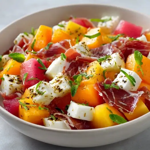 Ensalada de Melón, Mango y Queso Fresco con Virutas de Jamón Ibérico: Explosión de Contrastes