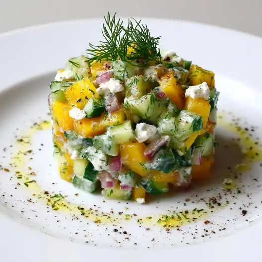 Tartar de Melocotón, Pepino y Queso Feta con Vinagreta de Yogur y Eneldo 8 Tartar de Melocotón, Pepino y Queso Feta con Vinagreta de Yogur y Eneldo
