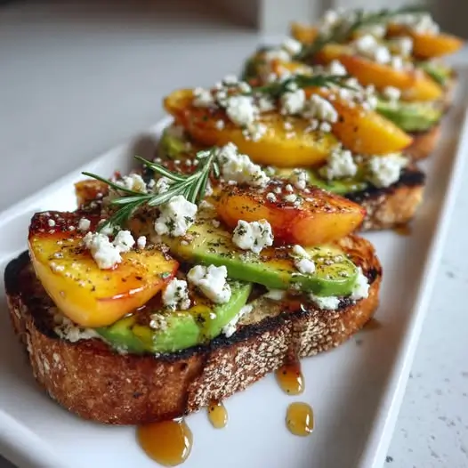 Tosta Crujiente de Aguacate, Melocotón Asado y Queso Fresco con Miel de Romero: Un Desayuno Gourmet o Aperitivo Perfecto