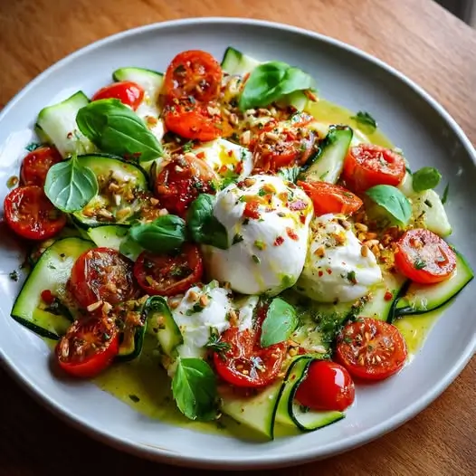 Ensalada de Tomate Cherry, Calabacín Crudo, Burrata y Vinagreta de Limón
