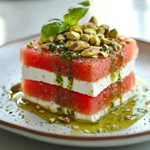 Milhojas de Sandía y Feta con Aceite de Albahaca y Pistachos Tostados: ¡Frescura y Elegancia en Cada Bocado!