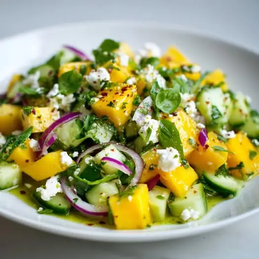 Ensalada de Mango, Pepino y Queso Feta con Aliño de Lima y Albahaca Fresca