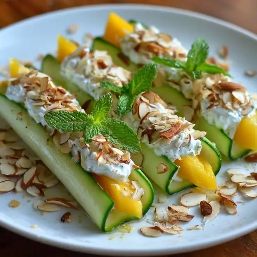 Canelones de Pepino Rellenos de Mango, Queso Cremoso y Almendras: ¡Frescura y Contraste en Cada Bocado!