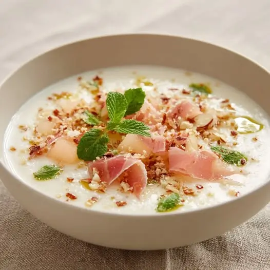 Gazpacho Blanco de Melón, Almendras y Menta con Crumble de Jamón Ibérico