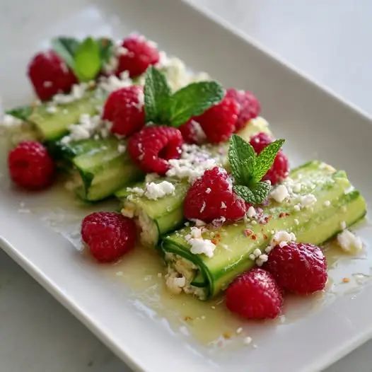 Canelones Fríos de Pepino con Aguacate, Feta y Frambuesas: ¡Un Bocado Refrescante e Inolvidable!