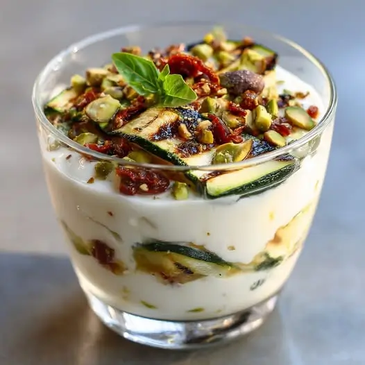 Copa de Yogur Griego con Calabacín Asado, Tomate Seco y Pistachos