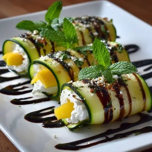Rollitos de Calabacín con Queso de Cabra, Mango y Reducción de Balsámico