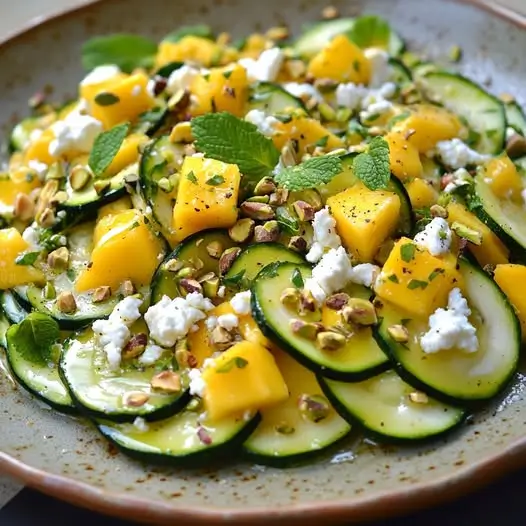 Ensalada Energizante de Calabacín, Mango y Queso de Cabra con Pistachos y Menta: ¡Frescura y Sabor en Cada Bocado!