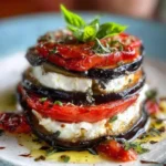 Milhojas de Berenjena y Queso de Cabra con Tomate Asado y Albahaca