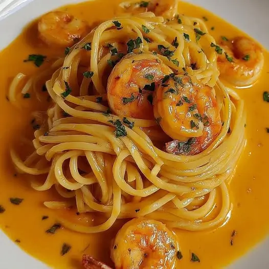 Espaguetis con Gambas en Salsa Roja Cremosa