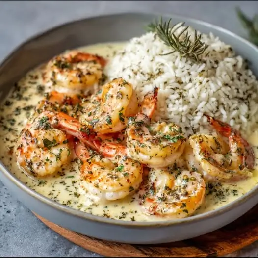 Camarones en Salsa Cremosa de Ajo y Mantequilla con Arroz de Hierbas