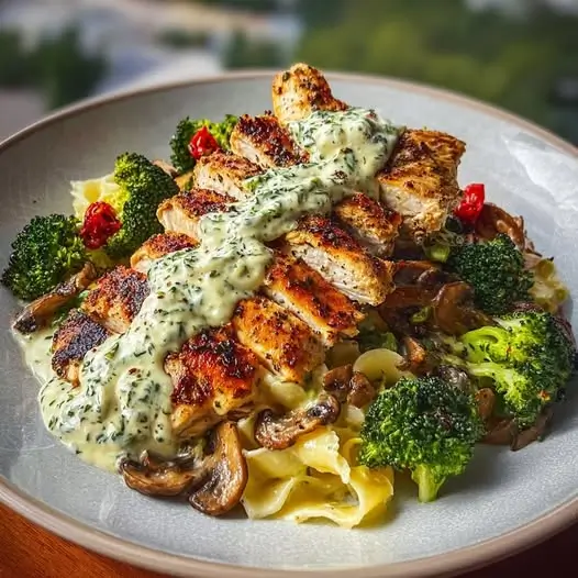 Pollo Alfredo con Brócoli y Salsa de Champiñones al Aguacate