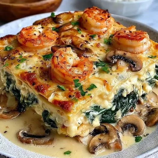 Lasaña de Camarones al Ajo con Espinacas y Champiñones: Un Banquete Marino en Cada Capa