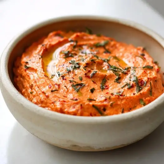 Crema de Pimiento Rojo Asado, Ajo Confitado y Yogur Griego con Estragón: Un Dip Mediterráneo Vibrante