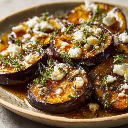 Berenjena confitada con miel y tomillo con queso de cabra: Un Plato Dulce y Salado que Enamora