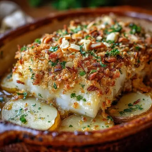 Bacalao al Horno con Costra de Ajo y Almendras : Jugoso, Aromático y Crujiente 4 Bacalao al Horno con Costra de Ajo y Almendras