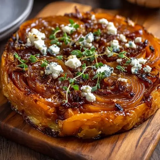 Tarta Tatin Invertida Salada : Boniato, Cebolla Caramelizada y Queso Feta