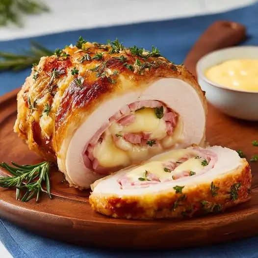 Rollito de Pollo Relleno : Jamón, Queso y Mostaza Dijon al Horno