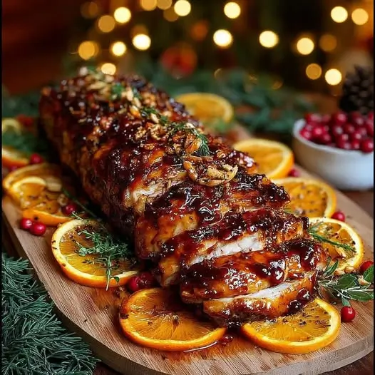 Lomo Navideño : Cerdo Asado, Glaseado Miel-Mostaza y Cítricos