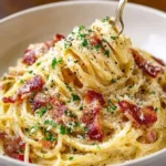 Espagueti Cremoso con Tocino, Queso y Ajo